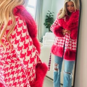 Plus Size! Couture Hot Pink & White Houndstooth Women's Coat W/ Faux Fur Trim